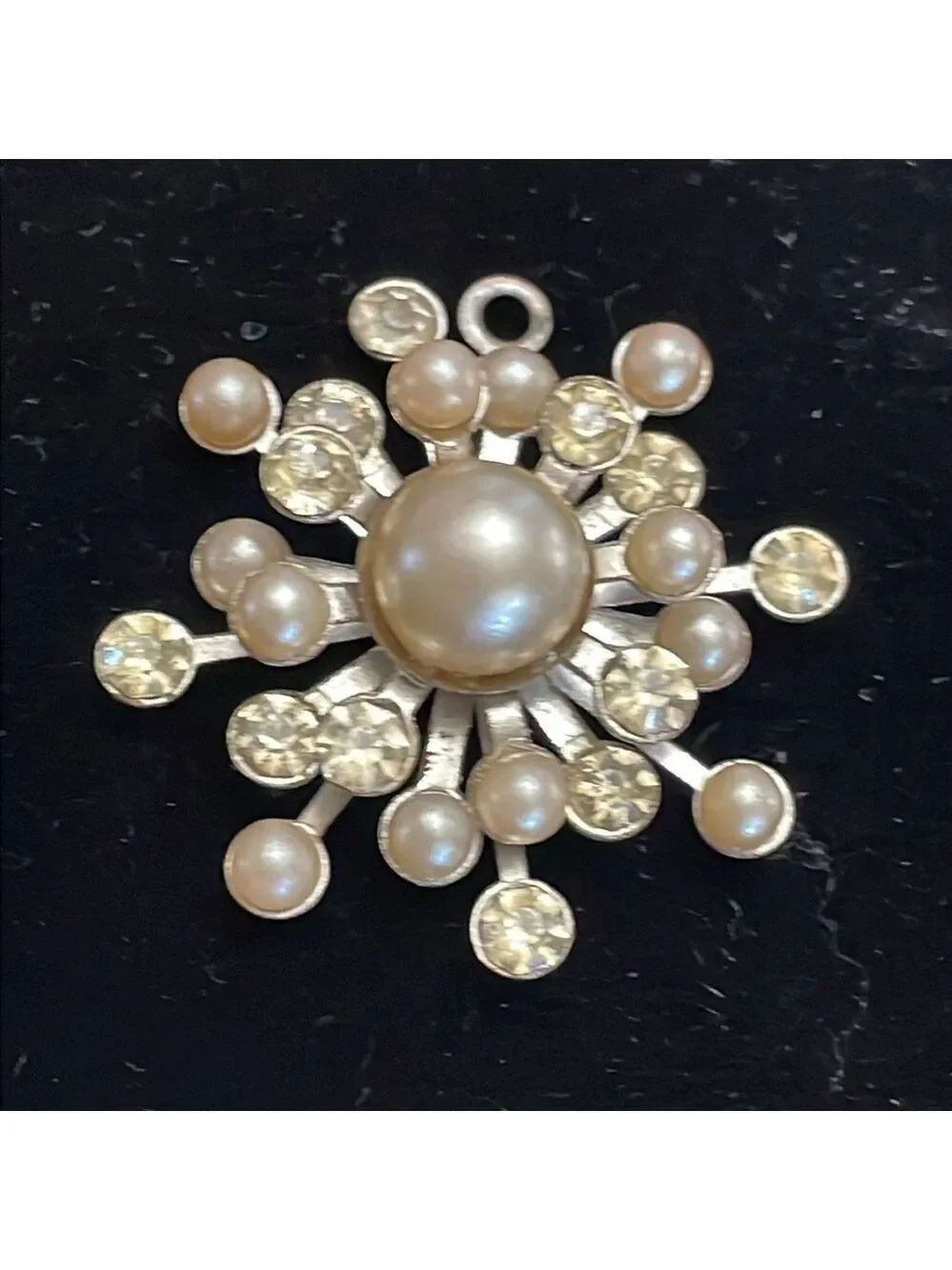 MCM 50’s Starburst faux pearl and rhinestone silver tone pendant